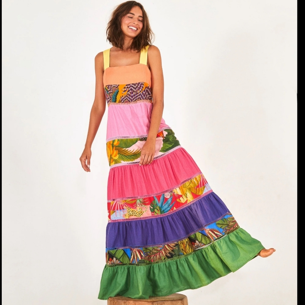 Colorblock Tropical Maxi Dress in Pink, Green, Purple